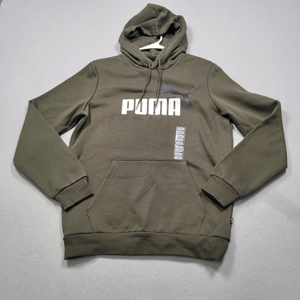 Puma Mens ESS+ 2 Col Big Logo Hoodie Forest Night Green White 846849 70 Small